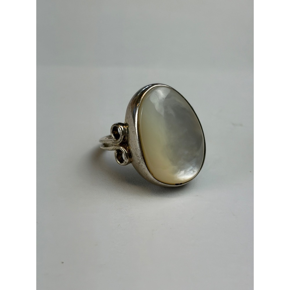 Vintage Mother of Pearl Ring 5.5 Silver 925 Sterling Oval Statement Scroll RAGE